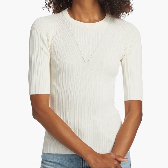 🆕7 For All Mankind Cream Ribbed Knit Top Open Back Cutout Stretchy Casual Size L - Picture 3 of 17